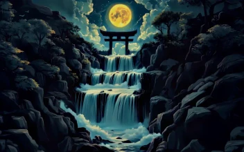 Moonlit Sanctuary: Tranquil Waterfall & Torii Gate 4K