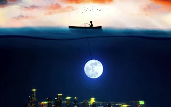 Moon Fishing Sea and the City 4K