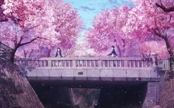 For Windows and Mac Anime Couple On Bridge With Cherry Blossom PC