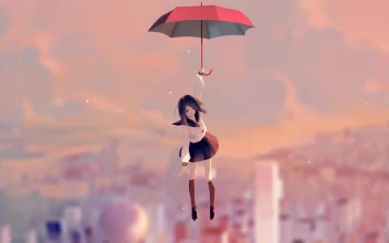 Anime Girl Floating with Umbrella