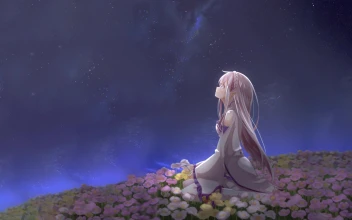 4K Emilia Sitting In The Flower Field At Night Looking At The Stars Rezero For PC