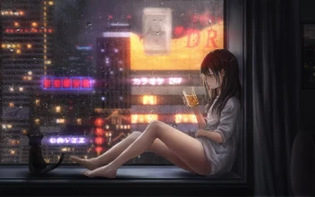 PC HD Drinking Beer Window Rain Live Anime Wallpaper