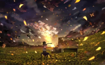 Anime Girl Playing Piano In Flower Field HD For PC