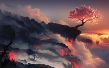 Cherry Blossom Tree On The Volcano HD For PC