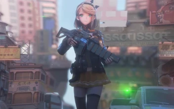 Anime Girl Walking On The Street With A Gun HD For PC
