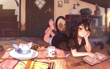 Neko Girl Lying Down Reading A Book HD For PC