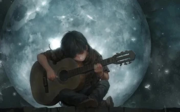 Lonely Anime Boy Playing Guitar Under The Moon HD For PC