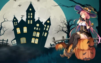 Anime Girl Sitting On Halloween Pumpkin HD For PC