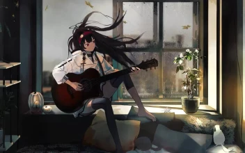 Anime Girl Playing Guitar While Its Raining Outside HD For PC