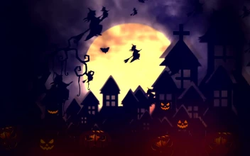 Stock Video 2d animation of witches flying on halloween PC