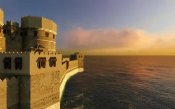 Stock Video 3d castle in the middle of the sea at sunset PC