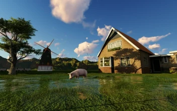 Stock Video 3d farm with a pig a mill a house and PC