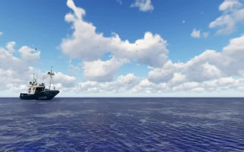 Stock Video 3d fishing boat sailing in the open sea under the PC