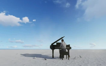 Stock Video 3d man playing piano with birds on a desert plane PC