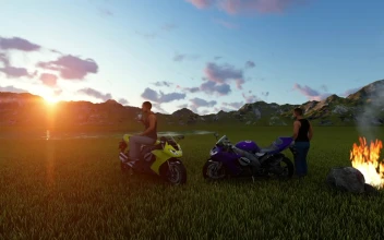 Stock Video 3d motorcyclists watching the sunset outside PC