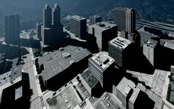 Stock Video 3d render with large buildings seen from above PC