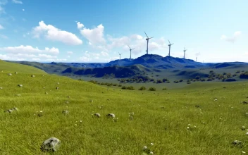 Stock Video 3d sunny meadow with hills in the distance PC