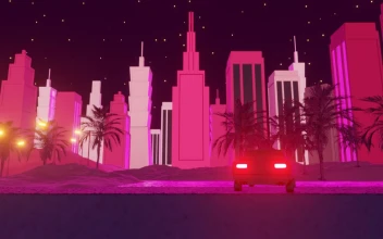 Stock Video 80s retro style neon night skyline with sunris PC