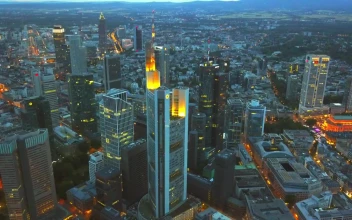 Stock Video Aerial Shot At Dusk Of The City Of Frankfurt for PC