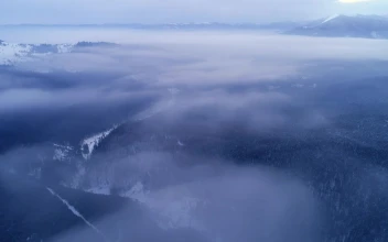 Stock Video Aerial Shot Of A Foggy Winter Landscape for PC