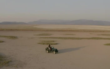 Stock Video Aerial Shot Of A Jeep Truck Traveling Through A Desert for PC