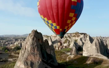 Stock Video Aerial View Of A Hot Air Balloon Flying for PC