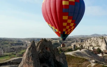 Stock Video Aerial View Of Hot Air Balloon Over Turkish Landscape for PC