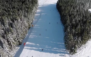 Stock Video Aerial View Of Skiers Going Down The Mountain for PC