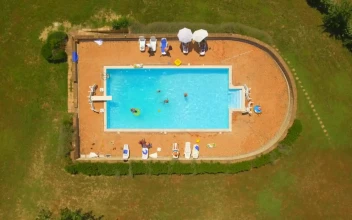 Stock Video Aerial View Of Swimming Pool In Large Garden  Larg for PC