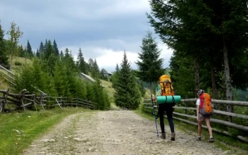 Stock Video Backpackers Walking Through A Rural Road For PC