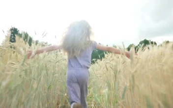 Stock Video Back View Of Girl Running Through Sunlit Field For PC