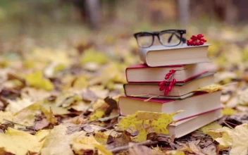 Stock Video Autumn Leaves Fall On Stack Of School Books For PC
