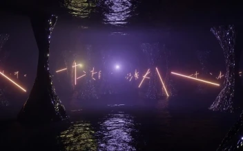 Stock Video Arriving At An Alien Cave With Purple Led Lights For PC