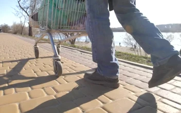 Stock Video A Tramp Walking In The Sun With A Metal Cart For PC