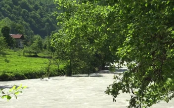 Stock Video A Small Cabin In A Green Meadow By The River For PC
