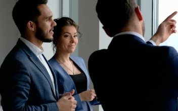 Stock Video Business Team Talking By Skyscraper Window For PC