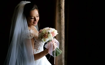 Stock Video Bride In Wedding Dress Holding Flower Bouquet On Black Background For PC