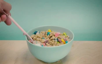 Stock Video Bowl With Sugary Cereal With Marshmallows And Milk For PC