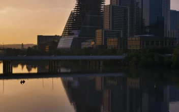 Stock Video Big City Of Tall Buildings At Sunset From A Lake For PC