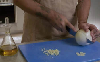 Video Stock Close Shot Of A Cook Chopping Onion For PC