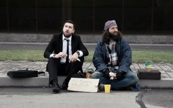 Video Stock Businessman And Homeless Sitting On The Sidewalk For PC