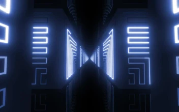 Stock Video Dark Corridor Between Blocks With Blue Neon Lights For PC