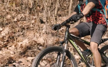 Stock Video Cyclist Crossing A Wooden Bridge In A Forest For PC