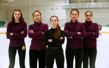 Stock Video Curling Team In A Photoshot At An Ice Rink For PC