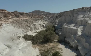 Stock Video Crossing Sarakiniko Lunar Volcanic Canyon For PC