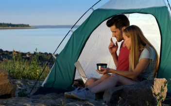 Stock Video Couple Relaxing While Camping At The Lake For PC