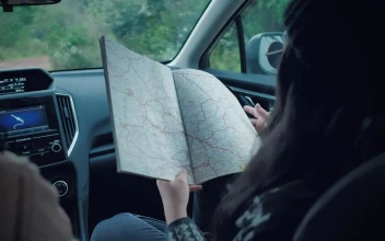Stock Video Couple Of Adventurers Reading A Map Inside A Car For PC