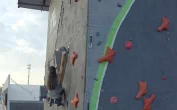 Stock Video Experienced Female Mountaineer Climbing On Top Of A Wall For PC