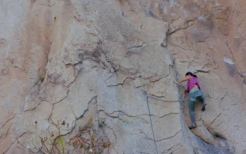 Stock Video Experienced Female Mountaineer Climbing A Vertical Mountain For PC