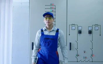 Stock Video Electrical Power Plant Worker In The Hallway For PC